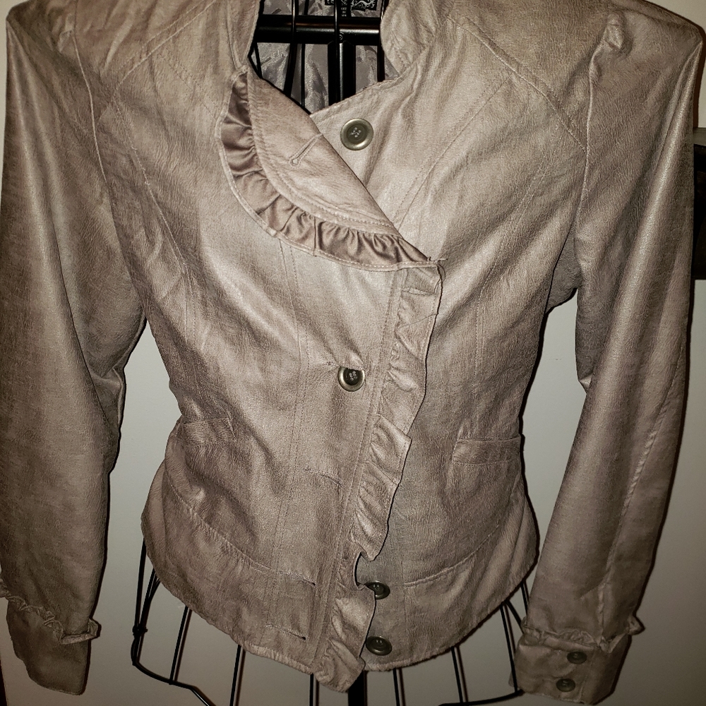 Vintage Sequin Hearts Soft taupe gray faux leather/suede lightweight jac